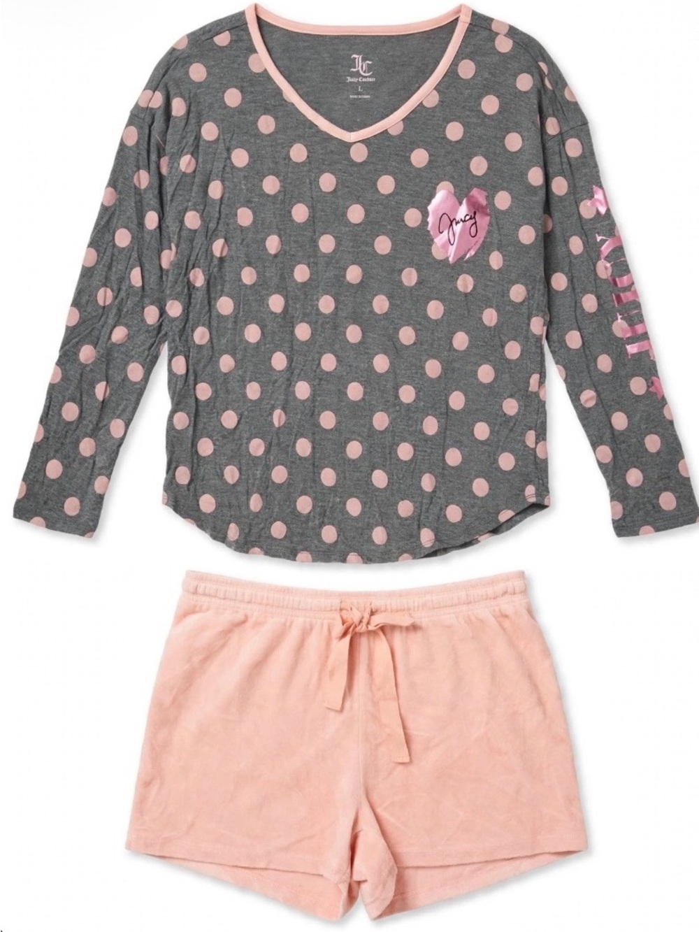 Juicy Couture Women’s Pink Dot Long-Sleeve Pajama Set - Gray & Pink Size L